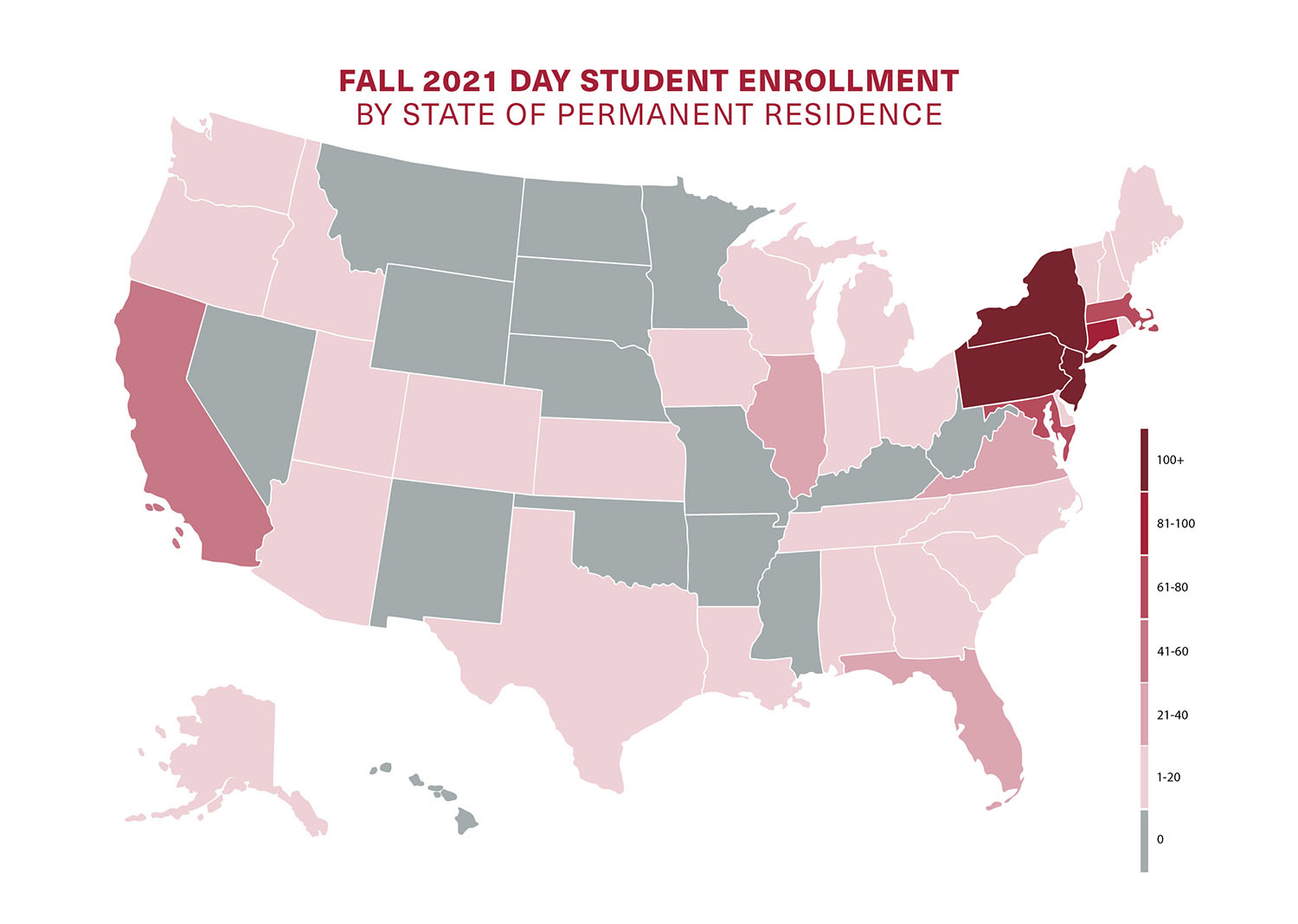 Fall 2021 day student enrollment by state of permanent residence.