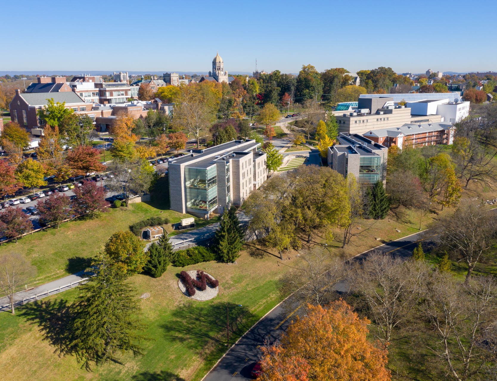 An aerial view of Muhlenberg College taken from a flying drone.