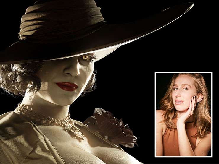 A pale vampiric woman video game character in a large hat on a black background with an inset headshot of an actor with long blond hair.