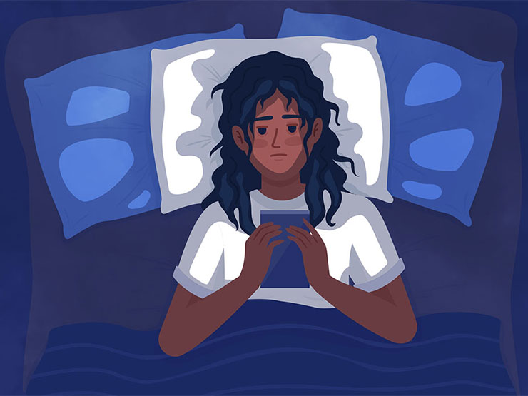 An illustration of a  bleary-eyed young person looking at a phone in bed.