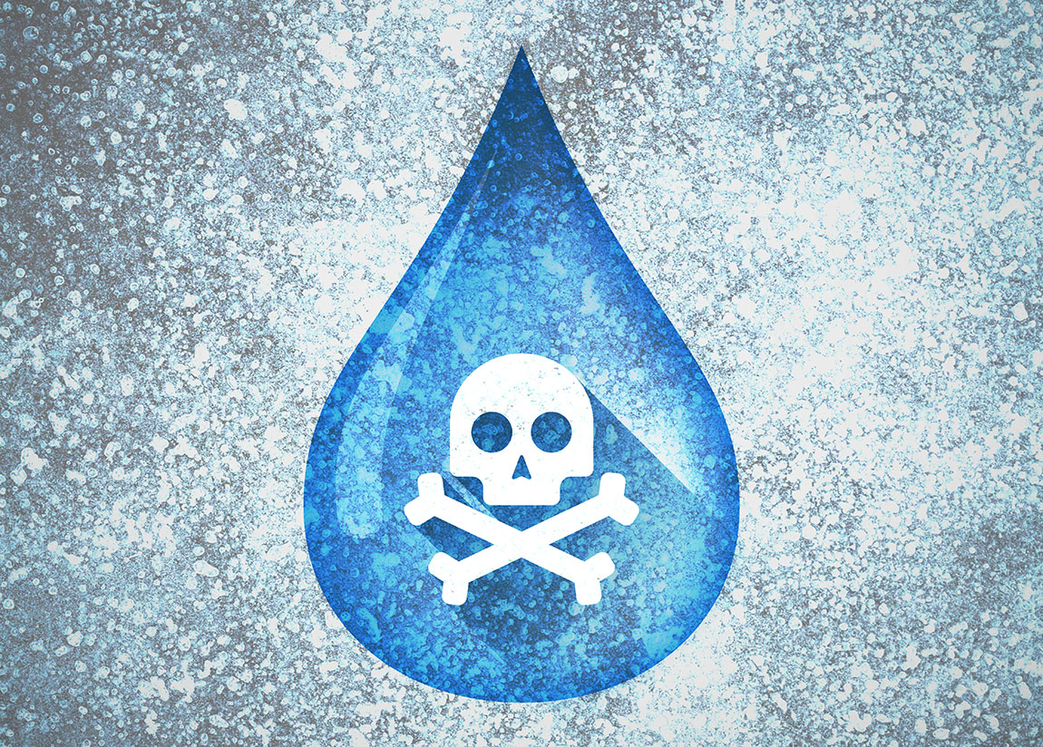 An illustration showing a droplet of water with a skull and crossbones inside it