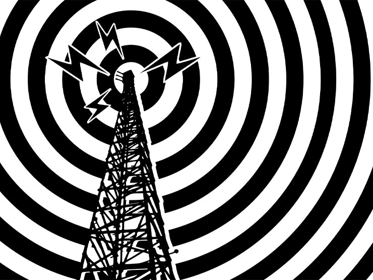 A black and white illustration of a radio tower with concentric circles emanating from the top.
