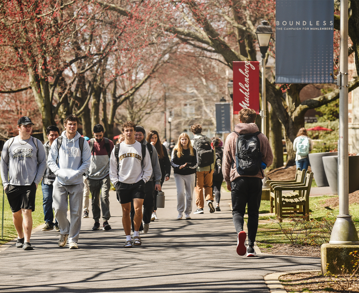 Students walk down a tree-lined sidewalk on a college campus with banners that read Muhlenberg.