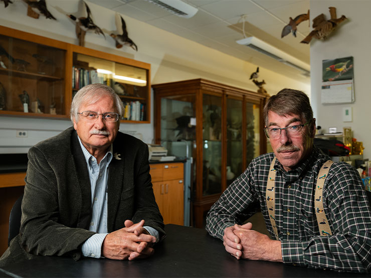Two men sit at a table, hands clasped, in a room surrounded by taxidermized bird specimens.