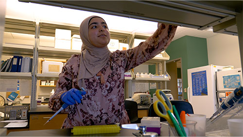 A college student with headscarf and a floral blouse reaches for an item on a shelf in a research lab..