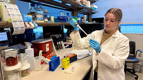 Julia Rocereta uses a pipette in a research lab at the University of Pennsylvania.