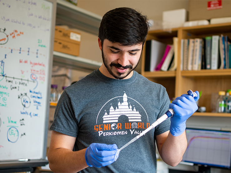 A student wearing blue lab latex gloves looks down at a pipette as he conducts research in a lab.