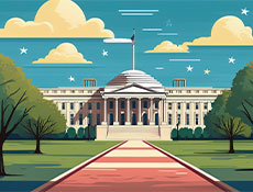 A boldy-colored illustration of the Capitol Building in Washington D.C.