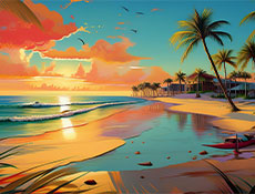 A boldly-colored illustration of a beach sunset.