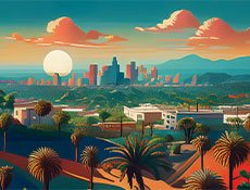 A boldy-colored illustration of the skyline in Los Angeles with tropical trees and a setting sun.