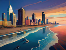 A vividly colored illustration of a city skyline near a shoreline with a colorful evening sky.