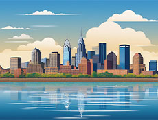 A boldy-colored illustration of the Philadelphia skyline.