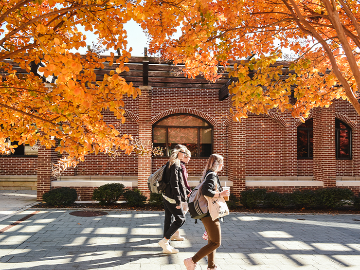 A group of young adults walk past a brick building framed by orange autumn leaves.