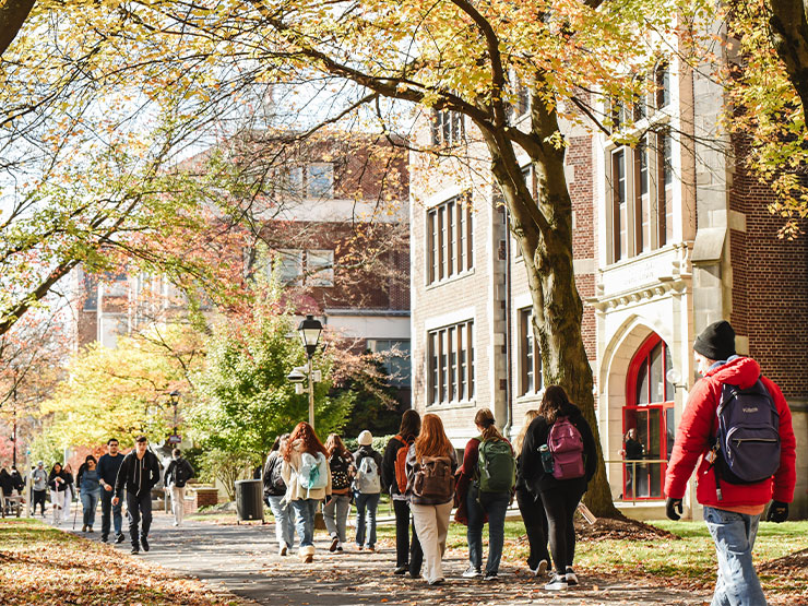 College students walk along Academic Row at Muhlenberg College under the shade of autumn foaliage.