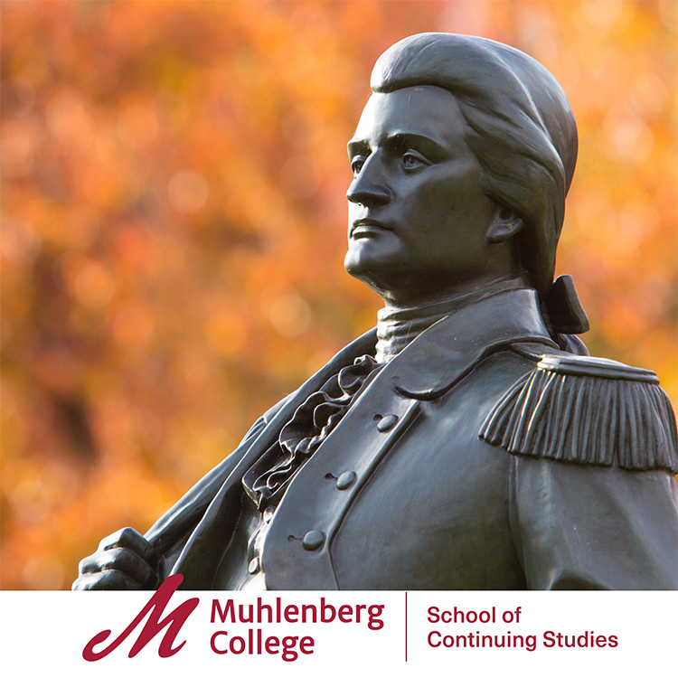Statue in front of Haas College Center depicts General John Peter Gabriel Muhlenberg.