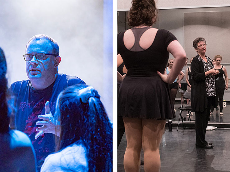 Two images side by side: one showing an instructor speaking to students on a stage with dramatic lighting while the other shows an instructor speaking with dance students in a studio.