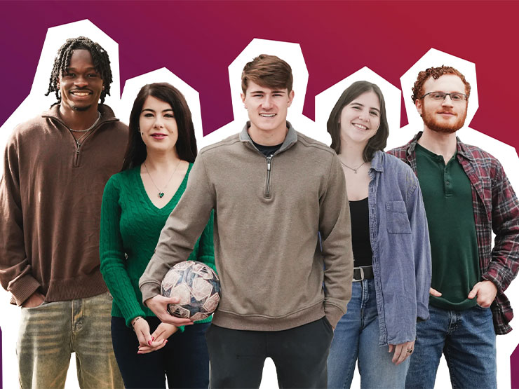 A photo illustration showing five college students standing side by side, looking as if they were cut out of paper.