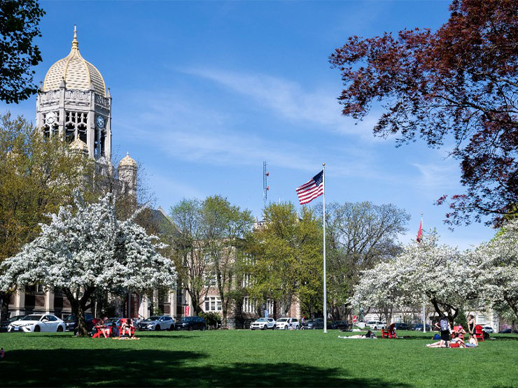 The College Green at Muhlenberg on a sunny spring day with blossoming trees.