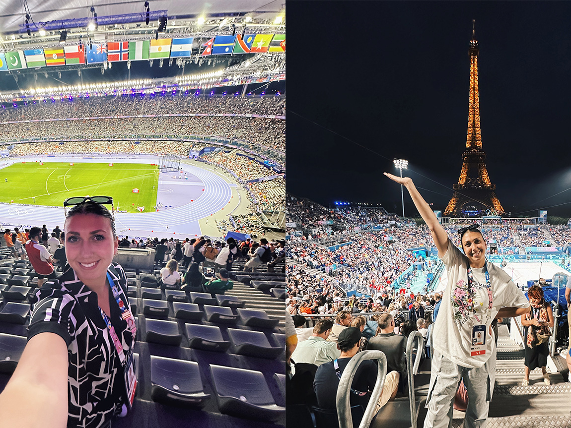 Two photos of the same young person: one a selfie taken in front of the Olympic Stadium in Paris, the other at night on a beach volleyball court and in front of the Eiffel Tower.