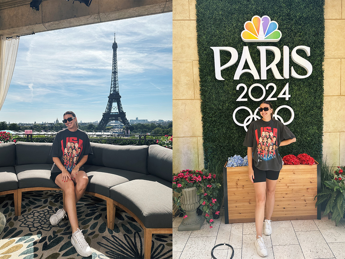 There are two photos of the same young man wearing an American sports shirt, one in front of the Eiffel Tower and the other in front of a 