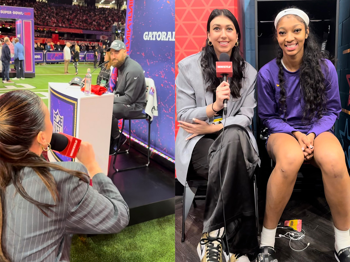 Two photos of the same young man: one holding a microphone interviewing a football player, the other smiling with a female basketball player.