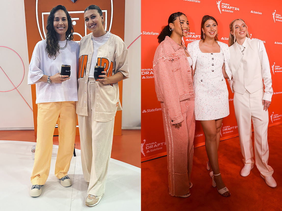 Two photos of the same young person, one with a former professional women's basketball player and one with two WNBA draft picks.