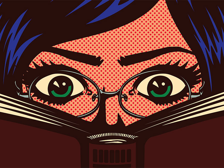 A cartoon closeup of a wide-eyed person with reading glasses looking intently into an open book.
