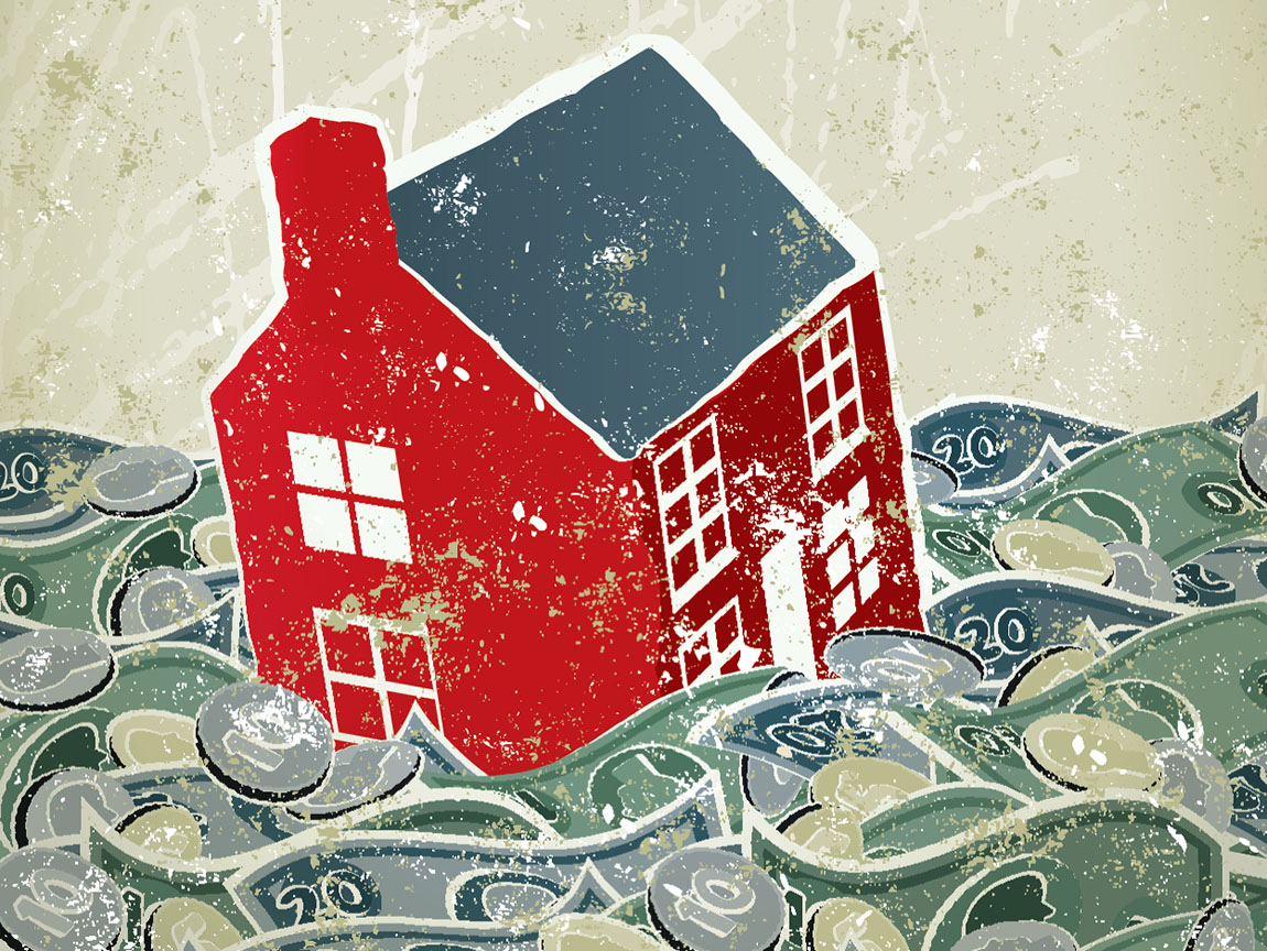 An illustration of a red house floating away on a sea of money