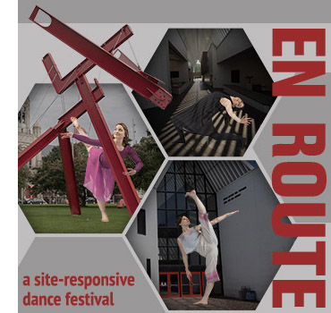 En Route: A Site-Responsive Dance Festival — image is of dancers superimposed on photos of iconic Muhlenberg locations.